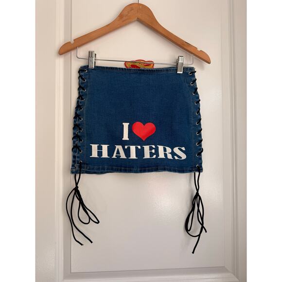 EDIKTED I Love Haters‎ Denim Mini Skirt XS Y2K Streetwear - Picture 3 of 4